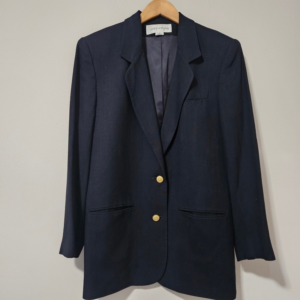 Jones New York Vintage Navy Blue Blazer Gold Crest Buttons Made in USA Size 8